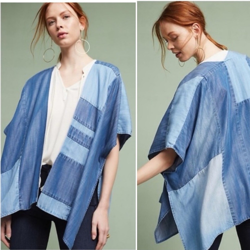 Anthropologie Cloth & Stone Denim Lightweight Patchwork Kimono Boho‎ OS